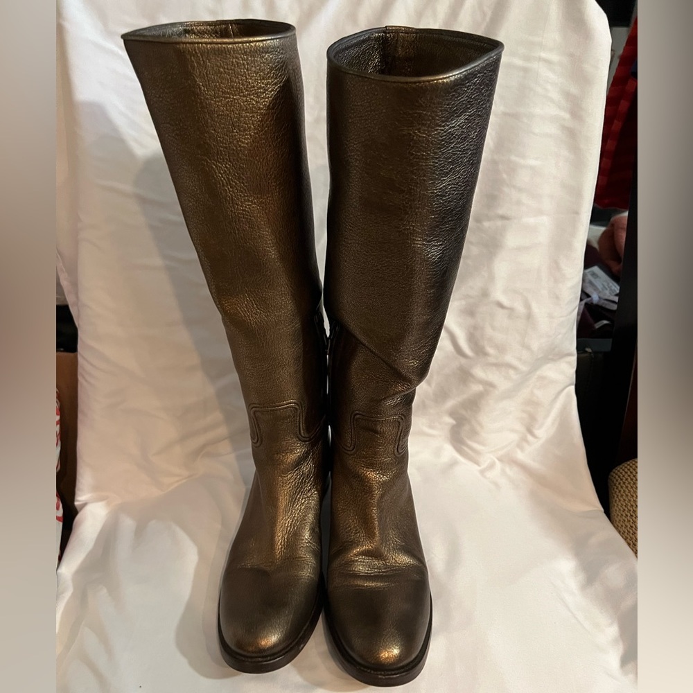Prada bronze leather knee high boots